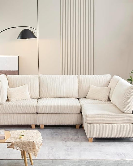 Free Combination Convertible Modular Sectional Sofa with Movable Ottoman, L Shaped Reversible Sleeper Corner Couch with Solid Wood Legs, Comfy Corduroy Upholstered Sofa&Couches for Living Room - LeafyLoom