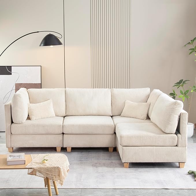Free Combination Convertible Modular Sectional Sofa with Movable Ottoman, L Shaped Reversible Sleeper Corner Couch with Solid Wood Legs, Comfy Corduroy Upholstered Sofa&Couches for Living Room - LeafyLoom