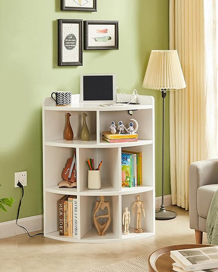 Vecelo Corner Cabinet with Charging Station, 3-Tier Bookcase Cube Storage Organizer with USB Outlets, Triangle Corner Bookcases with 8 Cubbies for Playroom, Bedroom, Living Room, Pearl White - LeafyLoom