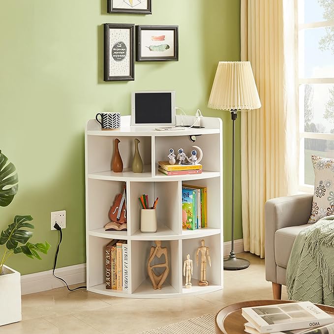 Vecelo Corner Cabinet with Charging Station, 3-Tier Bookcase Cube Storage Organizer with USB Outlets, Triangle Corner Bookcases with 8 Cubbies for Playroom, Bedroom, Living Room, Pearl White - LeafyLoom