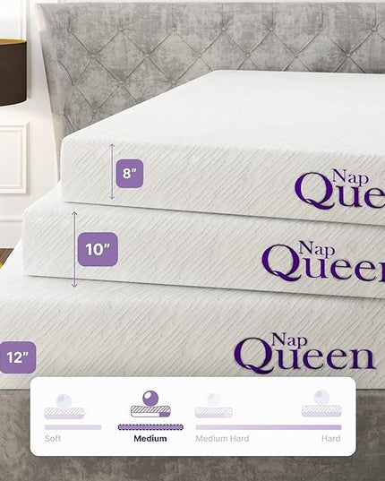 NapQueen Queen Mattress, 8 Inch Elizabeth Cooling Gel Memory Foam Mattress, Queen Bed Mattress in a Box, CertiPUR-US Certified, Medium Firm, Breathable Soft Fabric Cover - LeafyLoom