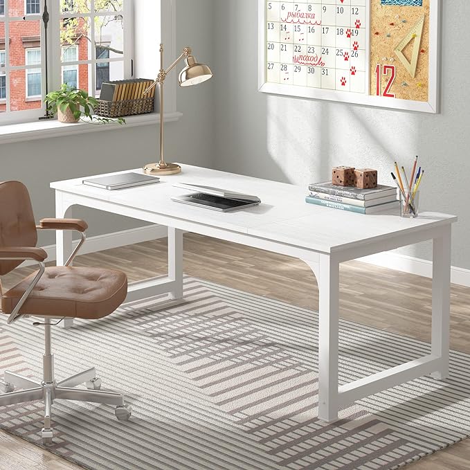 Tribesigns Modern Computer Desk, 70.8 x 31.5 inch Large Office Desk Computer Table Study Writing Desk Workstation for Home Office, White Metal Frame - LeafyLoom