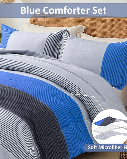 WONGS BEDDING Blue Stripe Comforter Set Full Reversible Grey Blue Patchwork Bedding Comforter Set for Full Bed, 3 Pieces (1 Comforter+2 Pillowcase), Soft Microfiber Filling Duvet Set 78"×90" - LeafyLoom
