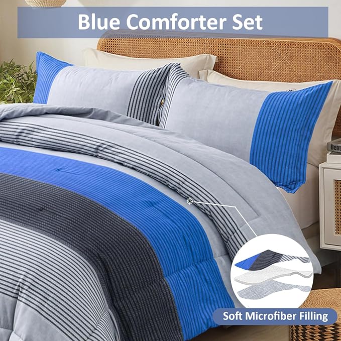 WONGS BEDDING Blue Stripe Comforter Set Full Reversible Grey Blue Patchwork Bedding Comforter Set for Full Bed, 3 Pieces (1 Comforter+2 Pillowcase), Soft Microfiber Filling Duvet Set 78"×90" - LeafyLoom