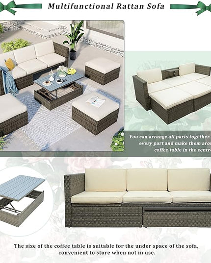 5 Pieces Patio Furniture Sets All Weather Wicker Rattan Sectional Sofa Outdoor Conversation with Adustable Backrest, Cushions, Ottomans and Lift Top Coffee Table for Poolside, Garden, Backyard - LeafyLoom