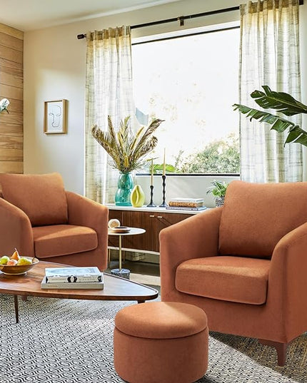 COLAMY Velvet Accent Chair with Storage Ottoman Set, Upholstered Barrel Arm Chair with Footrest, Living Room Chair with Back Pillow, Light Brown - LeafyLoom