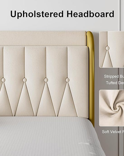 Feonase Full Bed Frame with Type-C & USB Port, Metal Platform Beds, with Velvet Upholstered Headboard & Footboard, 12" Underbed Storage Space, Easy Assembly, Noise-Free, Beige - LeafyLoom