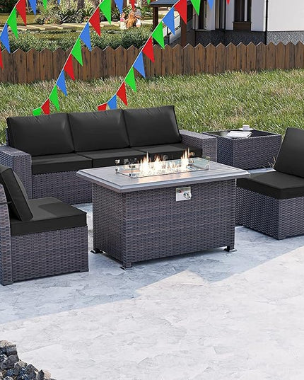 Kullavik 7 Pieces Outdoor Patio Furniture Set with 43" 55000BTU Gas Propane Fire Pit Table PE Wicker Rattan Sectional Sofa Patio Conversation Sets - LeafyLoom