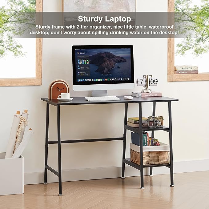 VECELO 43 Inch Computer Desk Writing Study Work Office Table Modern desk with shelves wooden desk for Home Bedroom,Black Desk - LeafyLoom