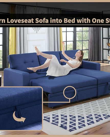 4-in-1 L Shaped Pull Out Convertible Modular Sectional Sofa Bed for Living Room Furniture Sets, Comfy Couch with Reversible Storage Chaise Upholstered for Apartment, Studio, Office - Blue - LeafyLoom