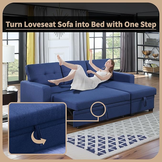 4-in-1 L Shaped Pull Out Convertible Modular Sectional Sofa Bed for Living Room Furniture Sets, Comfy Couch with Reversible Storage Chaise Upholstered for Apartment, Studio, Office - Blue - LeafyLoom