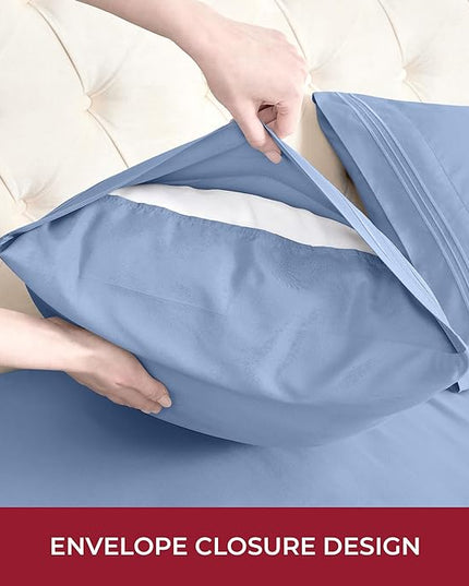 Mellanni RV Short Queen Sheets - 4 PC Iconic Collection Bedding Sheets & Pillowcases - Hotel Luxury, Extra Soft, Cooling Bed Sheets - Deep Pocket up to 10 inch (RV/Short Queen, Sky Blue) - LeafyLoom