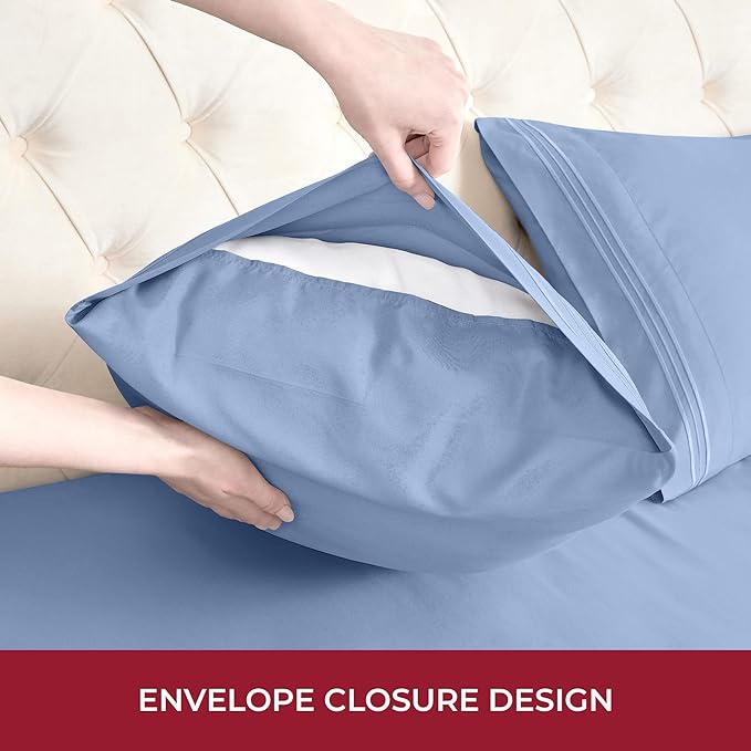 Mellanni RV Short Queen Sheets - 4 PC Iconic Collection Bedding Sheets & Pillowcases - Hotel Luxury, Extra Soft, Cooling Bed Sheets - Deep Pocket up to 10 inch (RV/Short Queen, Sky Blue) - LeafyLoom