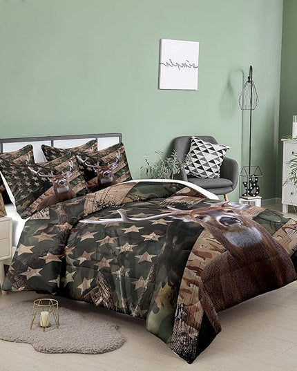 NINENINE Camo Deer Bedding Sets Full Size American Flag Comforter for Boys Adult Teens Western Theme Wildlife Forest Hunted Animal Comforter Sets with 1 Comforter 2 Pillowcases - LeafyLoom
