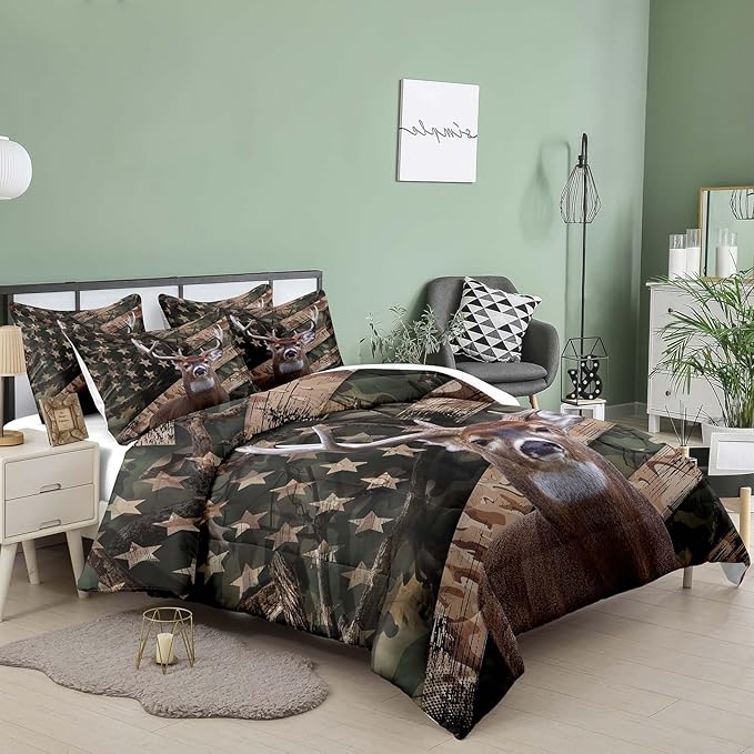 NINENINE Camo Deer Bedding Sets Full Size American Flag Comforter for Boys Adult Teens Western Theme Wildlife Forest Hunted Animal Comforter Sets with 1 Comforter 2 Pillowcases - LeafyLoom