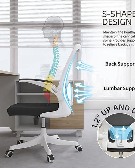 Office Chair - Ergonomic Office Chair with Lumbar Support & Flip Up Arms Home Office Desk Chairs Rockable High Back Swivel Computer Chair White Frame & Black Mesh Study Chair - LeafyLoom