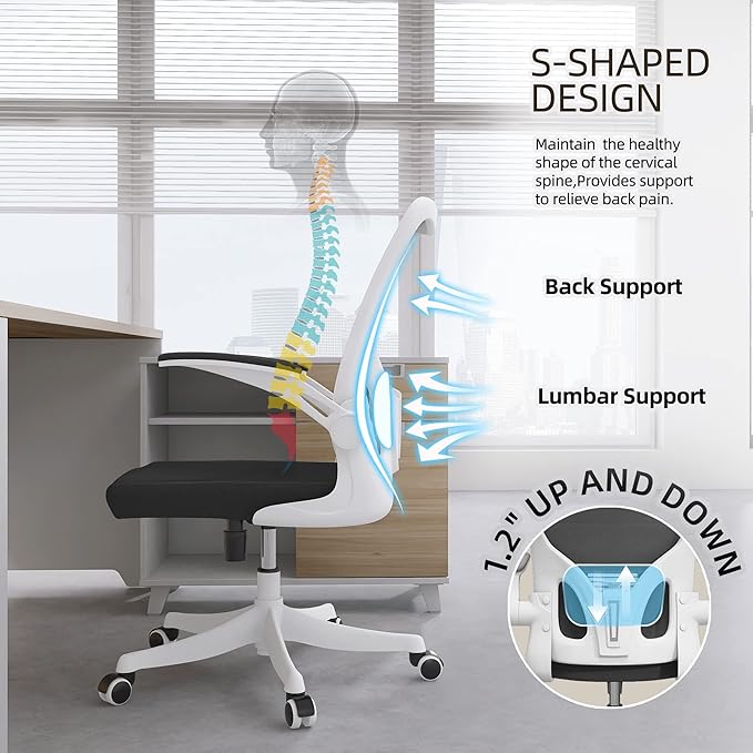 Office Chair - Ergonomic Office Chair with Lumbar Support & Flip Up Arms Home Office Desk Chairs Rockable High Back Swivel Computer Chair White Frame & Black Mesh Study Chair - LeafyLoom