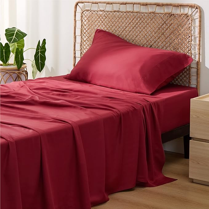 Bedsure Twin XL Sheet Set Dorm Bedding, Cooling Sheets Twin Extra Long Sheets, Rayon Derived from Bamboo, Deep Pocket Up to 16", Hotel Luxury Silky Bedding Sheets & Pillowcases, Burgundy - LeafyLoom