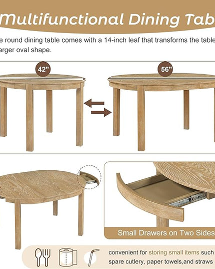 Multifunctional Farmhouse Extendable Round, 2 Small Drawers and 4 Upholstered Chairs, Room, Kitchen, 5 Piece Dining Table Set, Natural Wood Wash 15 - LeafyLoom