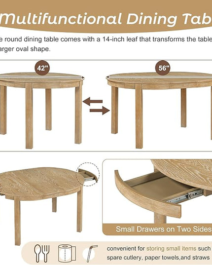 5-Piece Farmhouse Extendable Round Dining Table Set with Two 4 Upholstered Chairs for Kitchen, Breakfast Nook, Living Room, 42"-56" L x 42" W x 30" H, Natural Wood Wash(2 Small Drawers) - LeafyLoom