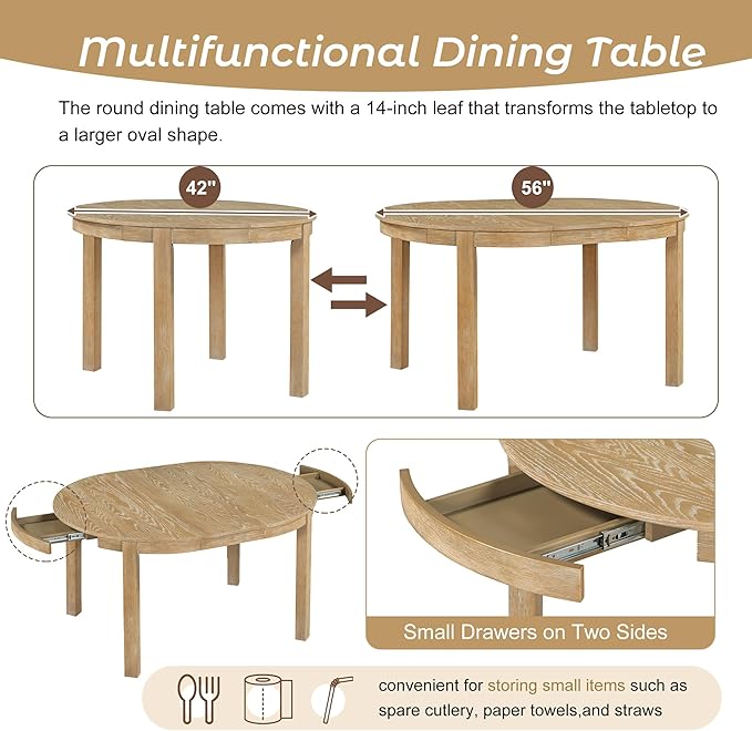 5-Piece Farmhouse Extendable Round Dining Table Set with Two 4 Upholstered Chairs for Kitchen, Breakfast Nook, Living Room, 42"-56" L x 42" W x 30" H, Natural Wood Wash(2 Small Drawers) - LeafyLoom