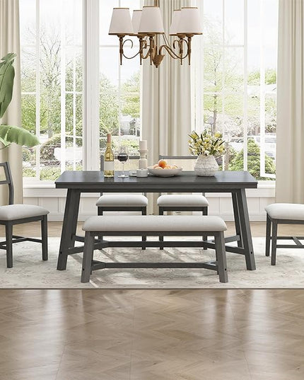Merax 6-piece Retro Farmhouse Style Dining Set for 6 Rectangular Wood Kitchen Table with 4 Rattan Backrest Upholstered Chairs & Bench for Living Room, Home, Gray - LeafyLoom