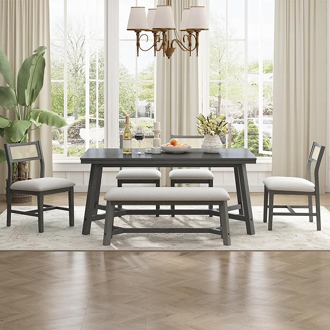 Merax 6-piece Retro Farmhouse Style Dining Set for 6 Rectangular Wood Kitchen Table with 4 Rattan Backrest Upholstered Chairs & Bench for Living Room, Home, Gray - LeafyLoom