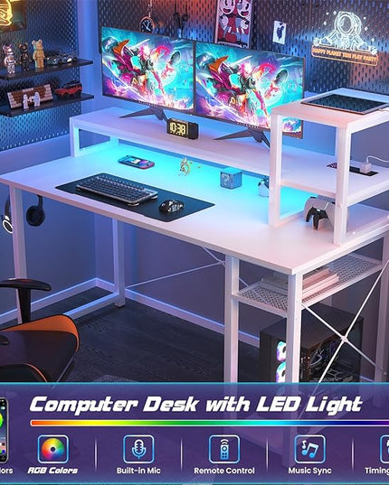 Gaming Desk with Lights & Power Outlets, 47.2' Computer Desk with Shelves, Small Desk for Small Space, Writing Desk with Monitor Stand, White - LeafyLoom