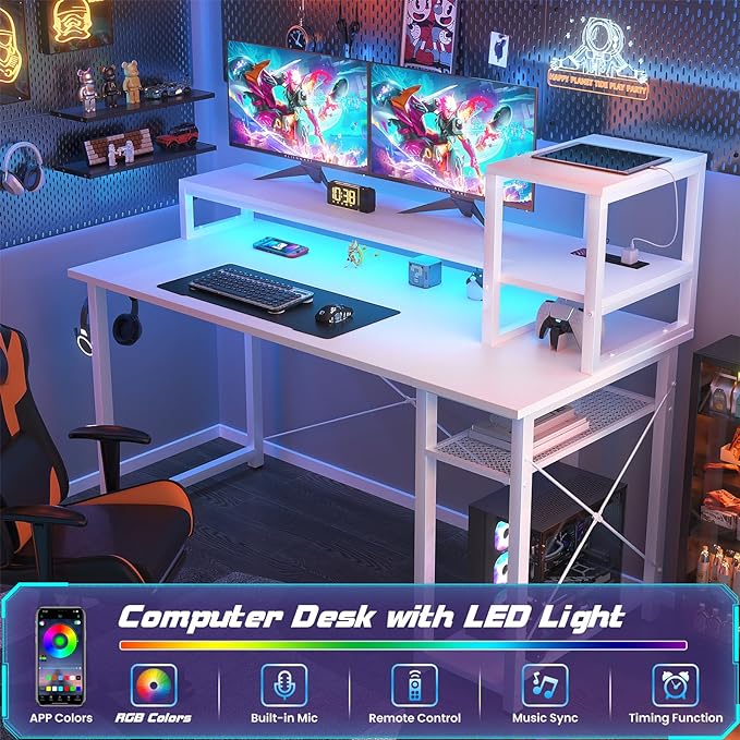 Gaming Desk with Lights & Power Outlets, 47.2' Computer Desk with Shelves, Small Desk for Small Space, Writing Desk with Monitor Stand, White - LeafyLoom