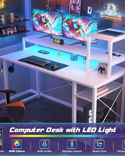 Gaming Desk with Lights & Power Outlets, 39.4' Computer Desk with Shelves, Small Desk for Small Space, Writing Desk with Monitor Stand, White - LeafyLoom