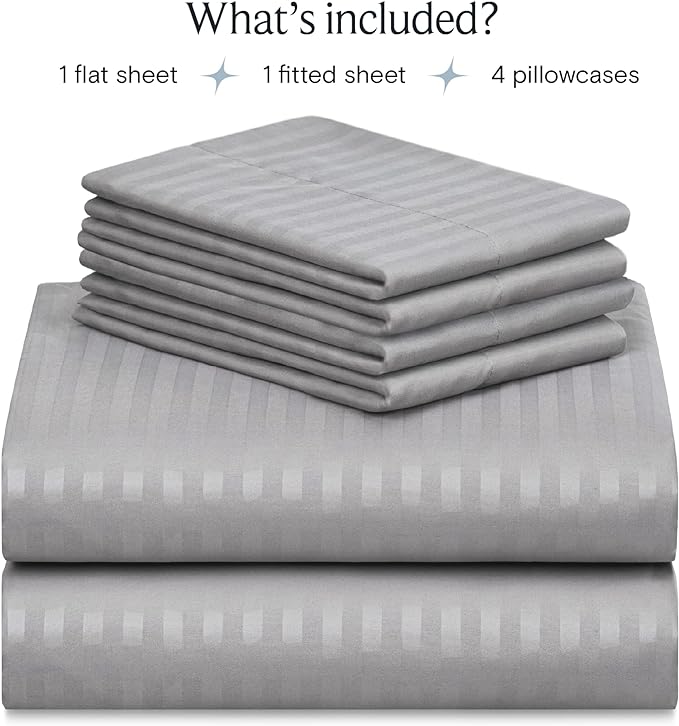 LuxClub 6 PC Full Size Sheet Set Bed Sheets, Breathable Luxury Bed Sheets, Deep Pockets 18" Wrinkle Free Cooling Bed Sheets Machine Washable Hotel Bedding (Full, Striped Light Grey) - LeafyLoom
