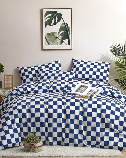 Royal Blue White Grid Comforter Set King Royal Blue Plaid Bedding Set Women Royal Blue and White Checkered Bed Comforter Set Breathable Blanket Set Men Durable Bedding Comforter Set - LeafyLoom