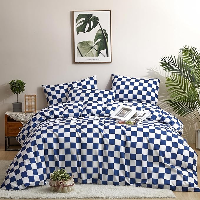 Royal Blue White Grid Comforter Set King Royal Blue Plaid Bedding Set Women Royal Blue and White Checkered Bed Comforter Set Breathable Blanket Set Men Durable Bedding Comforter Set - LeafyLoom