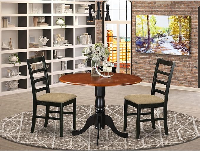 East West Furniture DLPF3-BCH-C Dublin 3 Piece Set Contains a Round Dining Room Table with Dropleaf and 2 Linen Fabric Upholstered Kitchen Chairs, 42x42 Inch, Black & Cherry - LeafyLoom