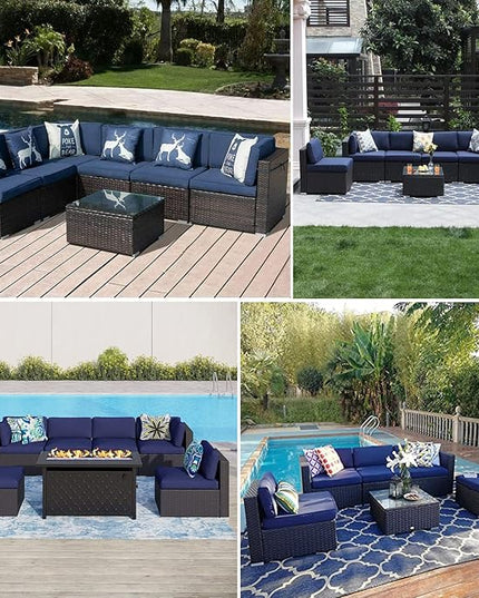 ClawsCover 14Pack Outdoor Patio Seat and Back Cushions Replacement Covers Fit for 7Pieces 6-Seater Wicker Rattan Sectional Couch Chair Furniture Set,Navy-Include Cover Only (Large) - LeafyLoom