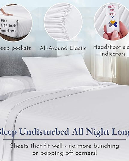 California Design Den Striped Sheets for Full Size Bed, Soft 100% Cotton Sheets, Luxury 400 Thread Count Sateen, 4 Piece Deep Pocket Cooling Sheets Set (White Sheets) - LeafyLoom