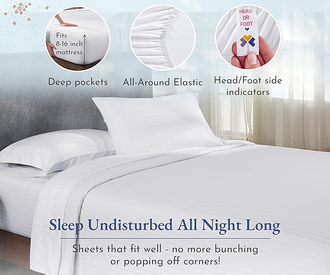 California Design Den Striped Sheets for King Size Bed, Soft 100% Cotton Sheets, Luxury 400 Thread Count Sateen, 4 Piece Deep Pocket Cooling Sheets Set (White Sheets) - LeafyLoom