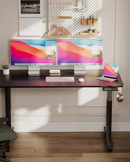 Electric Standing Desk 55 Inch, Ergonomic Height Adjustable Table with T-Shaped Metal Bracket Modern Computer Workstations for Home Office, Black - LeafyLoom