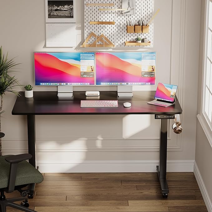 Electric Standing Desk 55 Inch, Ergonomic Height Adjustable Table with T-Shaped Metal Bracket Modern Computer Workstations for Home Office, Black - LeafyLoom