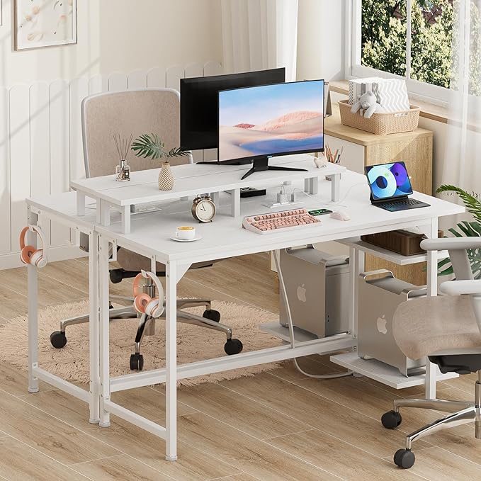 Furologee White Desk with Power Outlets and LED Lights, 47" Office Gaming Desk with Shelves and Fabric Drawer, Reversible Study Table with Monitor Stand and Hooks - LeafyLoom