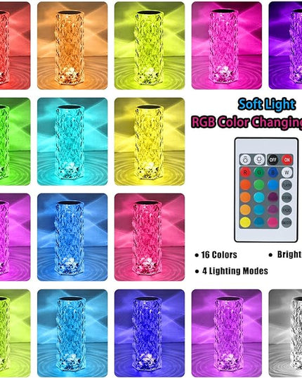 2 Pack Crystal Table Lamp (Touch & Remote), RGB 16 Colors Changing Lamp, Rechargeable Crystal Lamp, Rose Diamond Night Light, for Bedroom/Party/Dinner/Decoration - LeafyLoom