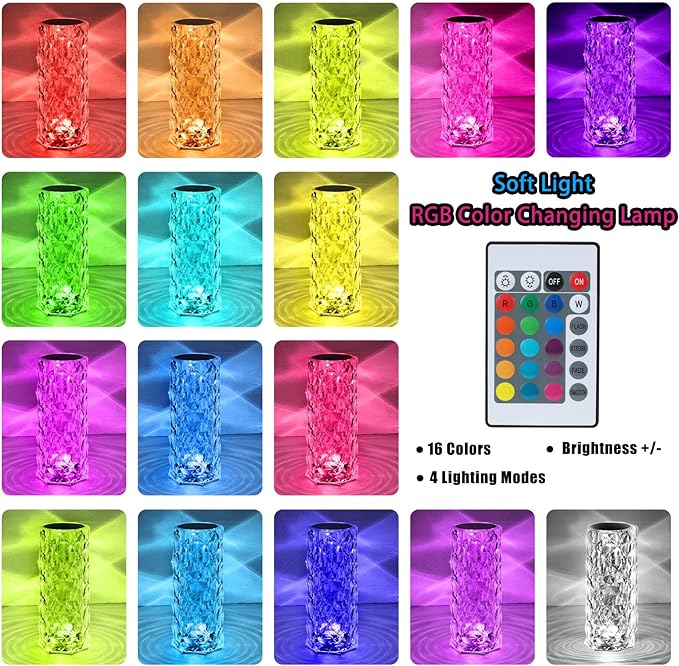 2 Pack Crystal Table Lamp (Touch & Remote), RGB 16 Colors Changing Lamp, Rechargeable Crystal Lamp, Rose Diamond Night Light, for Bedroom/Party/Dinner/Decoration - LeafyLoom
