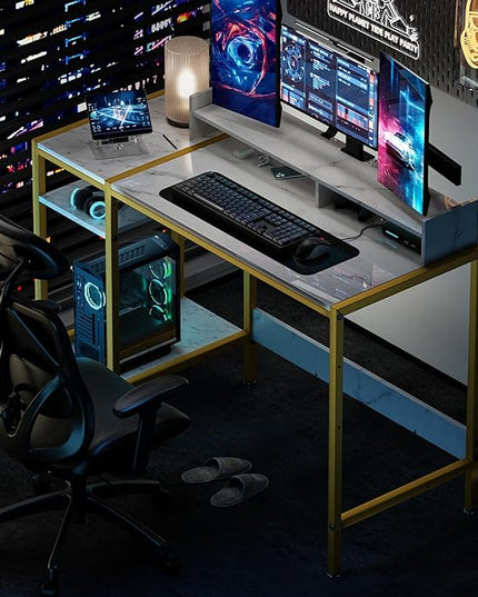 Computer Desk - 39 Inch Home Office Desk with Storage, Gaming Desk with Monitor Stand, Modern Simple Study Table, Adjustable Storage Space, Marble - LeafyLoom