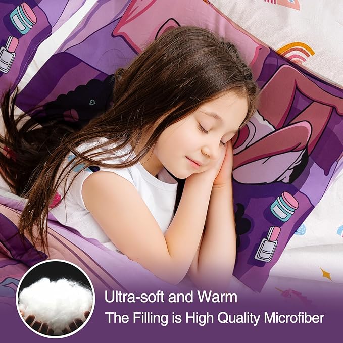 A Nice Night Purple Comforter Sets,Black Girl Listening Music Printed, 6Pcs Bed in A Bag Twin Size All Seasons Bedding Set,for Kids, Girls - LeafyLoom