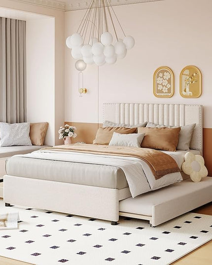 Full Size Linen Upholstered Platform Bed with 2 Drawers and Twin Size Trundle,Solid Wood Bed Frame w/Classic Headboard Design,for Bedroom,Apartment,Living Room,Beige - LeafyLoom