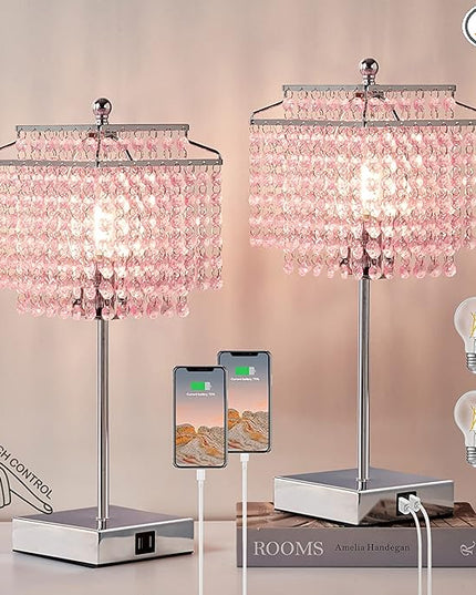 Luvkczc Set of 2 Bedside Pink Crystal Table Lamp, Touch Control Crystal Lamp, 3-Way Dimmable Lamp with Crystal Shade for Bedroom, Girl Living Room, 6W B11 Bulb Included - LeafyLoom