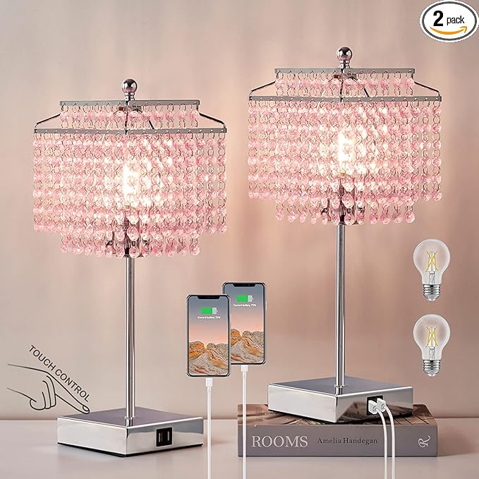 Luvkczc Set of 2 Bedside Pink Crystal Table Lamp, Touch Control Crystal Lamp, 3-Way Dimmable Lamp with Crystal Shade for Bedroom, Girl Living Room, 6W B11 Bulb Included - LeafyLoom