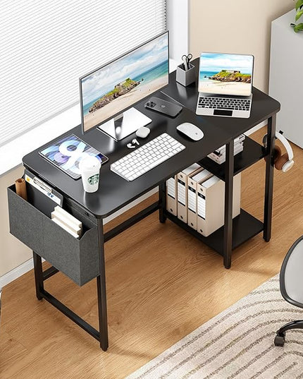 Computer Desk, 39.3” Home Office Desks, Modern Small Desk for Bedroom, Gaming Desk with Iron Hook and Height Adjustable Feet, Sturdy Student Writing Desk with Storage Bag, Storage Shelves - LeafyLoom