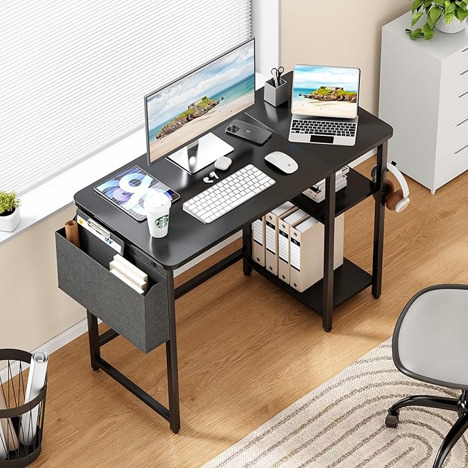 Computer Desk, 39.3” Home Office Desks, Modern Small Desk for Bedroom, Gaming Desk with Iron Hook and Height Adjustable Feet, Sturdy Student Writing Desk with Storage Bag, Storage Shelves - LeafyLoom