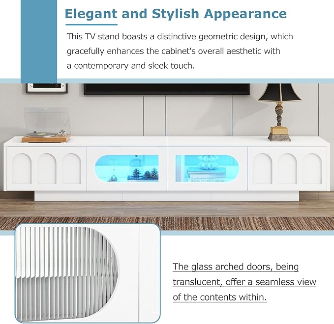 Merax TV Stand for Televisions Up to 95'', Functional Media Console with APP-Controlled Smart LED Light, Arched Cabinet Doors and Fluted Glass Doors, Entertainment Center, for Living Room, White - LeafyLoom